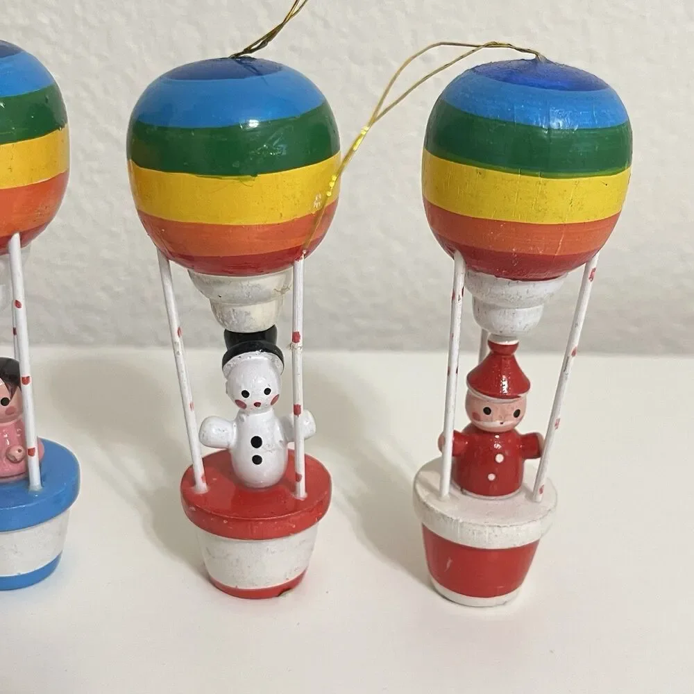 Vintage Wooden Rainbow Hot Air Balloon Ornaments Santa Snowman Bear Set of 4
